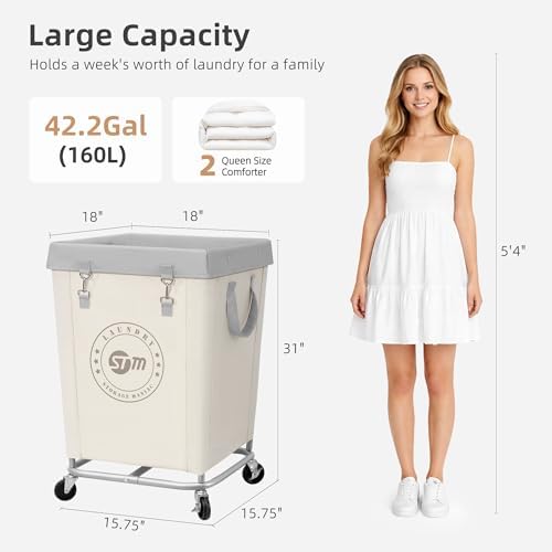 STORAGE MANIAC Commercial Laundry Hamper with Heavy Duty Steel Frame, 160 L Industrial Clothes Basket Cart with Wheels for Big Family, Home, Hotel, Laundry Room, 18''L x 18''W x 31''H, Medium Beige - Image 3