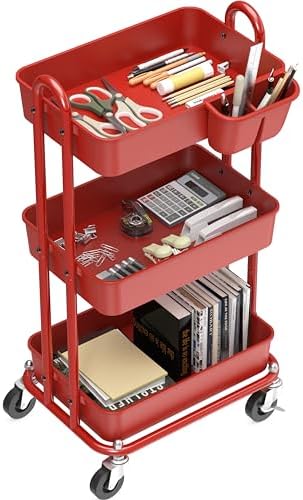 Simple Houseware 3-Tier Rolling Utility Cart with Hanging Bucket, Red by SimpleHouseware