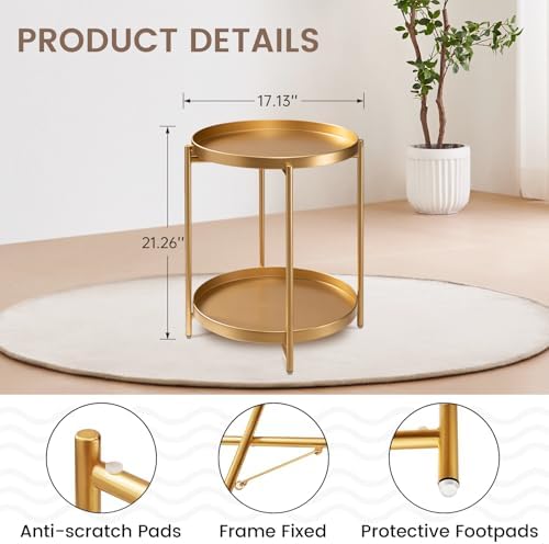 danpinera 2-Tier End Table, Outdoor Side Table Metal Round Side Table with Removable Tray, Small Folding Accent Table, Anti-Rust Nightstand for Bedroom Balcony Patio Living Room (Gold) - Image 3