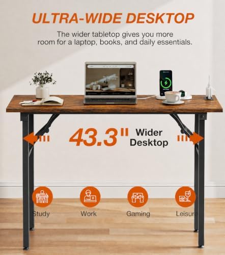 XBurmo Small Folding Desk Folding Table, No Assembly Foldable Desk Gaming Desk, 43.3-Inch Computer Table Workstation with 2 AC Outlets and 2 USB Ports for Bedroom and Home Office, Rustic Brown - Image 6