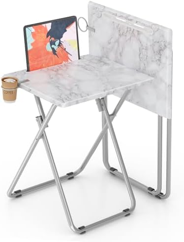 TV Tray Table,Folding Table with Cup Holder Portable,Foldable Snack Tray for Eating,Small Folding Tables Set of 2,Dinner Tables for Couch, Living Room,Small Space (White Marble,2Pcs) by Fleecy+day