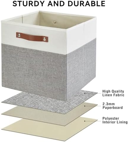 Bagnizer Collapsible Fabric Storage Cube Bins with 2 Reinforced PU Handles, Foldable Storage Organizer Baskets for Closet, Shelves, Living Room | 11"x11"x11", 4 Pack, Gray & White - Image 3
