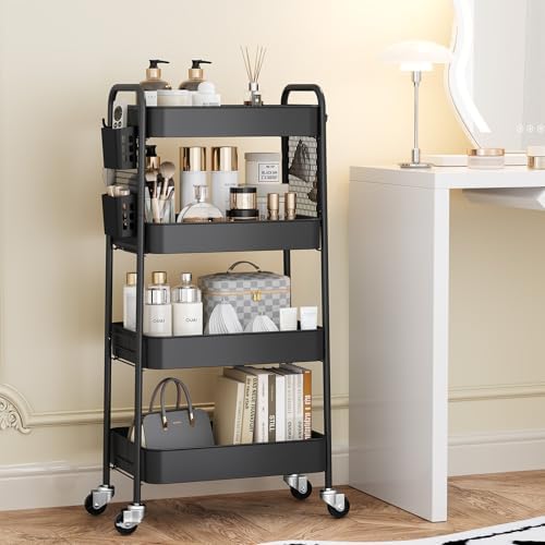 TOOLF 4 Tier Rolling Cart, Metal Utility Storage Cart with Pegboard, Black | 2 Bins & 4 Hooks, Screwless Assembly, Lockable Wheels, Trolley Organizer for Bathroom, Kitchen, Office, Dorm, Craft Room - Image 3