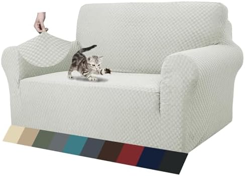 ZNSAYOTX 1 Piece Jacquard Couch Covers for 2 Cushion Couch High Stretch Loveseat Slipcover for Pets Dogs Anti Slip Love Seat Sofa Slipcover Furniture Protector (Medium, Ivory) by ZNSAYOTX