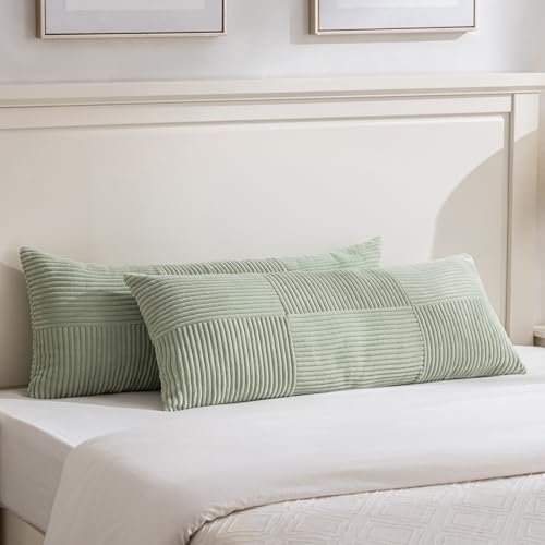 Fancy Homi Set of 2 Sage Green Boho Long Lumbar Body Decorative Throw Pillow Cover 14x36 Inch for Bed Couch Bedroom Bench, Soft Patchwork Corduroy Textured Pillow Case, Rustic Farmhouse Room Décor by Fancy+Homi