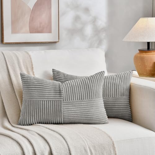 Fancy Homi 2 Packs Neutral Grey Lumbar Decorative Throw Pillow Covers 16x26 Inch for Living Room Couch Sofa, Farmhouse Boho Home Decor, Soft Striped Corduroy Rectangle Accent Terracotta Cushion Case - Image 5
