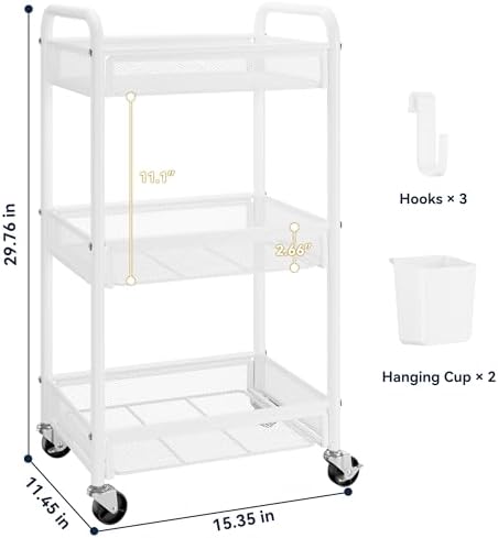 YASONIC 3 Tier Metal Rolling Cart, White Utility Storage Cart with Wheels - Image 6