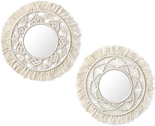 Mkono Hanging Wall Mirror with Macrame Fringe 2 Set Small Round Decoration Boho Antique Mirror for Apartment LivingRoom Bedroom Baby Nursery,Beautiful Gift Ideas by Mkono