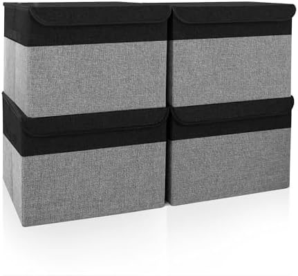 Bagnizer Large 22 Quart Linen Fabric Foldable Storage Bin Cube Organizer Basket with Flip-Top Lid & Handles, Clothes Blanket Box for Home, Office, Closet, Black & Gray, 4 Pack 14.6 x 9.5 x 9.5 by Bagnizer