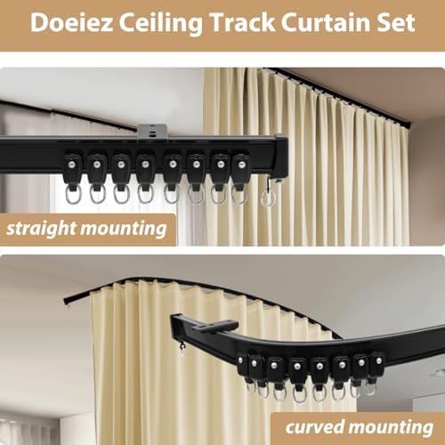 Room Divider Blackout Curtains Flexible Sliding Tracks Sets Ceiling Mounted Rod Window Curtain Privacy Separation for Bedroom Living Rooms,1 Panel Beige Drape and Black Track Set-W108xH96 in - Image 3