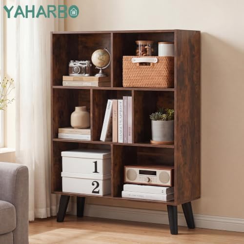 YAHARBO Brown Bookshelf,3 Tier Book Shelf with Legs, 7 Cube Minimalist Bookcase,Storage Organizer Shelves Display Bookcases for Bedroom,Living Room - Image 3