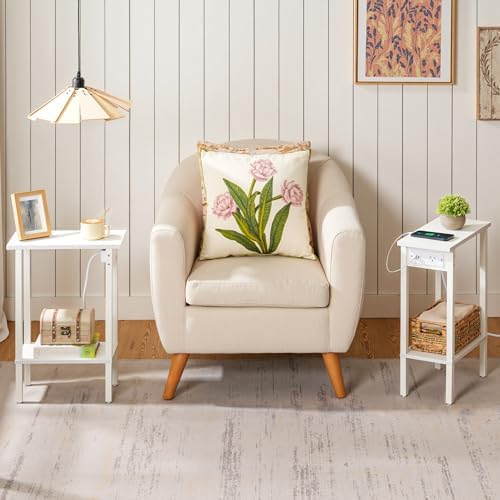 HOOBRO Narrow Side Table, 2-Tier Slim End Table with Charging Station, Skinny Nightstand with Open Storage, for Small Spaces, Living Room, Bedroom, Study, White WT240UBZ01 - Image 2