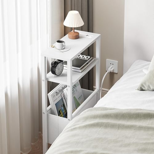 Narrow Side Table with Charging Station Slim End Table Sofa with Magazine Rack, Bedside Table for Small Spaces, 3 Tier Nightstand for Living Room Couch, Bedroom White LET503WE - Image 5