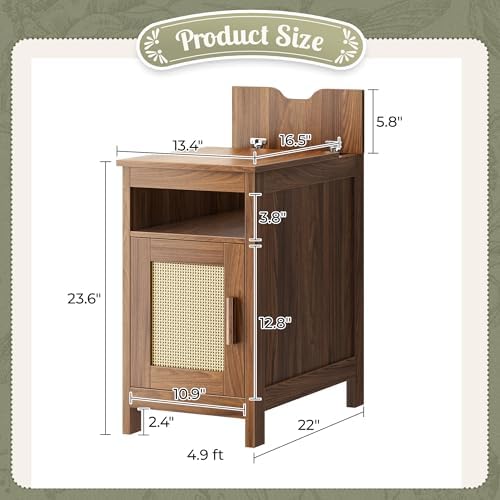 Huuger Narrow Night Stand, End Table with Charging Station, USB-C Port, Rattan Side Table with Cabinet and Open Shelf, Synthetic Rattan, for Small Spaces, Bedroom, Walnut - Image 2