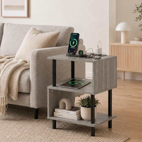 Frylr Side Table, Night Stand and End Table with Power Outlets and USB Ports, Strong Metal Frame, 44lb Capacity per Tier and Leveling Feet for Bedroom, Bedside, Living Room and Small Space, Greige by Frylr