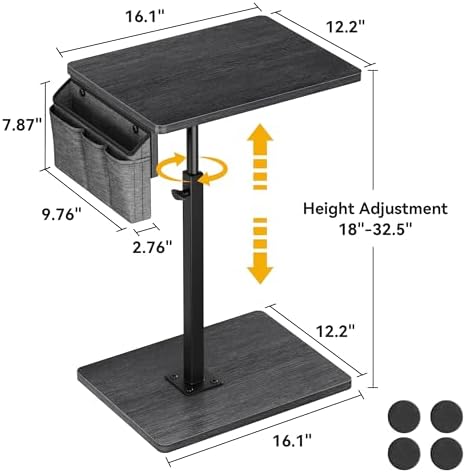Vagusicc Sofa Armrest Tray Table for Couch, 360° Swivel Height Adjustable TV Tray Table for Small Spaces, Snack Side Table for Couch, Bed, Chair, C Shaped End Side Table for Eating, Reading, Laptop - Image 2