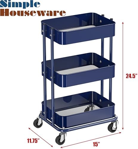 Simple Houseware 3-Tier Utility Cart, Low 24" Height Fits Under Desk, Navy - Image 3