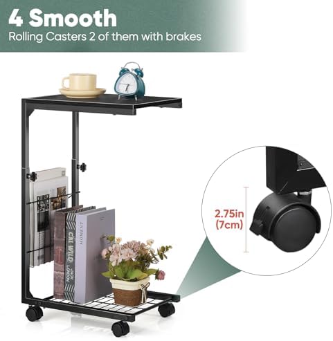 C Shaped End Table Small Side Table with Wheels Slide Under Couch Table for Sofa Adjustable Height C Table with Metal Frame for Living Room Bedroom Bedside, Black - Image 5