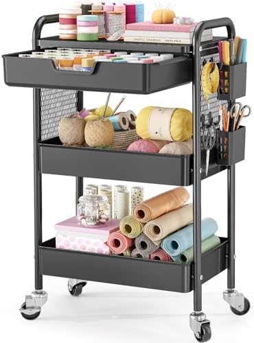 KINGBOARD 3 Tier Metal Rolling Cart with Drawer, Black Utility Storage Cart | 2 Cups & 4 Hooks, Lockable Wheels, Trolley Organizer for Bathroom, Kitchen, Office, Nursery, Dorm, Laundry, Craft Room by KINGBOARD