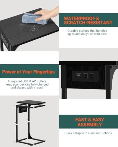 C-Shaped Side Table for Couch - Small Coffee Stand Sofa Tray Desk with Metal Frame Waterproof Scratch Resistant Wood Top and Built-in Charging Station, Black - Image 3