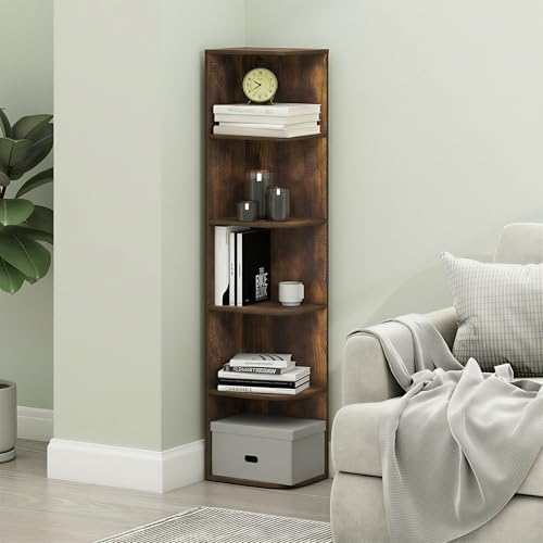 Furinno PASIR Book Shelf, 5-Tier Corner Bookshelf with Open Shelf, Standing Bookcase, 9.3 x 12 x 51.7, for Organization and Storage, for Living Room, Bedroom, Home Office, Amber Pine - Image 5
