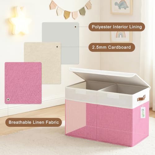Bagnizer Large Toy Storage Box with Lids, Collapsible Sturdy Baby Storage Organizer Chest Bin Basket for Kids, Boys, Girls, Playroom, Nursery, Bedroom, Closet 25"x13"x16" (Pink and White) - Image 3