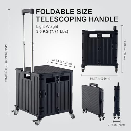 MACOPRO Folding Utility Cart Portable Rolling Crate Handcart Shopping Trolley Collapsible Tool Box, with Lid, Basket on 4 Rotate Wheels, for Grocery, Office, Luggage, Teacher (Black) - Image 4