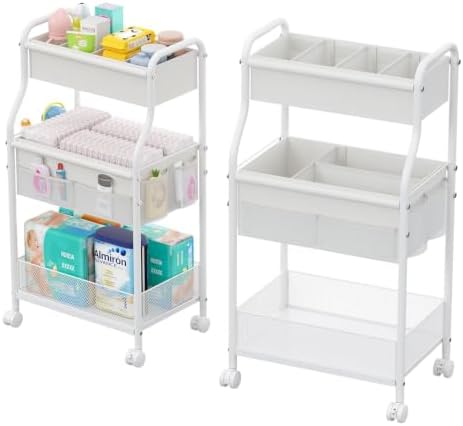 3-Tier Diaper Caddy Organizer & Rolling Cart,Metal Utility Cart with 4+2 Dividers & Lockable Silent Casters, Mobile Storage Cart for Nursery Essentials, Multi-Purpose for Kidsroom Changing Table by Cidaziya