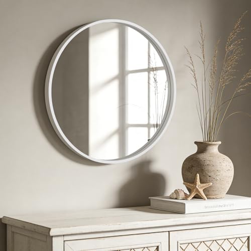 WallBeyond Round Wood Mirror 24 inch Circle Wall Mirror for Bathroom Round Wall Mirror for Wall Decor, Vanity, Entryway Living Room (White) - Image 3