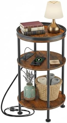 Small Round Side Table with Charging Station for Small Spaces, Rustic Brown by Zexvida