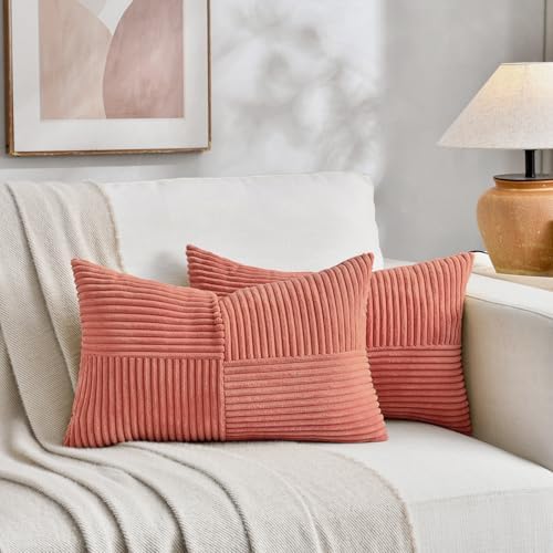 Fancy Homi 2 Packs Coral Lumbar Decorative Throw Pillow Covers 20x28 Inch for Living Room Couch, Rustic Farmhouse Boho Home Decor, Soft Striped Corduroy Rectangle Accent Peach Cushion Case 50x70 cm - Image 5