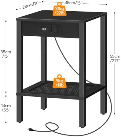 HOOBRO Side Table with Charging Station, Set of 2 End Table with USB Ports and Outlet, Nightstand with 2-Tier Storage Shelf, Faux Rattan Decoration, for Small Space, Black BK91UBZP201 - Image 3