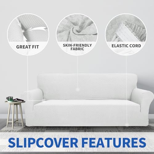 ZNSAYOTX 1 Piece Jacquard Couch Covers for 3 Cushion Couch Living Room High Stretch Sofa Cover Pets Dogs Friendly Anti Slip Thickened Slipcovers Furniture Protector (Large, White) - Image 3