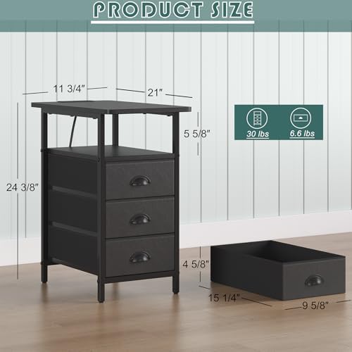 sthmec End Table with Charging Station, Side Tables Livingroom with USB Ports and Outlets,Narrow Nightstands Bedside Tables with 3 Drawers PU Finish for Small Space,Slim Sofa Table Bedroom,Black - Image 3