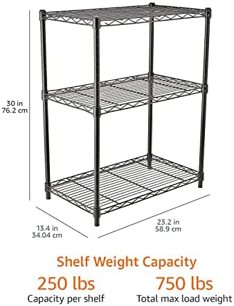 Amazon Basics 3-Shelf Adjustable Heavy Duty Steel Wire Rack Storage Shelving Organizer with Storage Space, Versatility and Ease of Use for Kitchen, Garage, 23.2" L x 13.4" W x 30" H, Black - Image 3