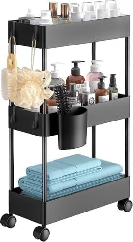 Pipishell 3 Tier Bathroom Storage Cart, Slim Storage Cart with Wheels,Black by Pipishell