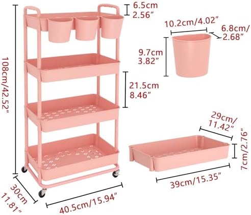 JIUYOTREE 4-Tier Plastic Rolling Storage Cart Utility Cart with Extra Hanging Cups Handles Lockable Wheels for Living Room Bathroom Kitchen Office Pink - Image 2