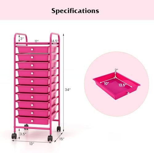 10-Drawer Rolling Storage Cart, Trolley w/Lockable 360° Wheels, 10 Removable PP Drawers, Sturdy Metal Frame, Rolling Utility Cart Perfect for Home, Office, Classroom (Hot Pink) - Image 3