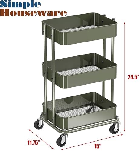 Simple Houseware 3-Tier Utility Cart, Low 24" Height Fits Under Desk, Green - Image 3
