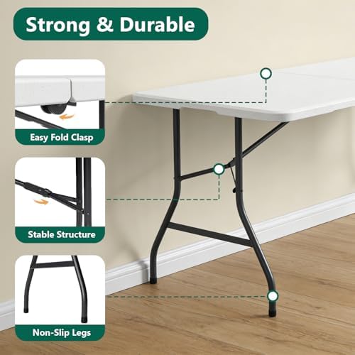 Folding Table 5FT Heavy Duty Plastic Table with Handle, Foldable&Portable, Fold-in-Half Utility Tables for Outdoor, Dining, Wedding, Events, Indoor, Picnic, Camping, Party,White - Image 5