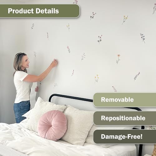 Pastel Wildflower Wall Decals - Set of 37 Peel & Stick Botanical Flower Stickers for Bedroom, Nursery & Living Room - Removable Yellow, Pink & Purple Floral Wall Decor - Image 4