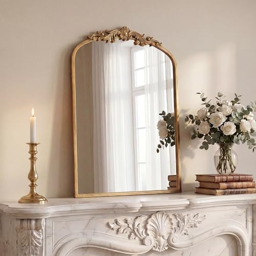 PERFNIQUE Vintage Mirror, 30" X 19" Gold Arched Antique Baroque Mirror by PERFNIQUE