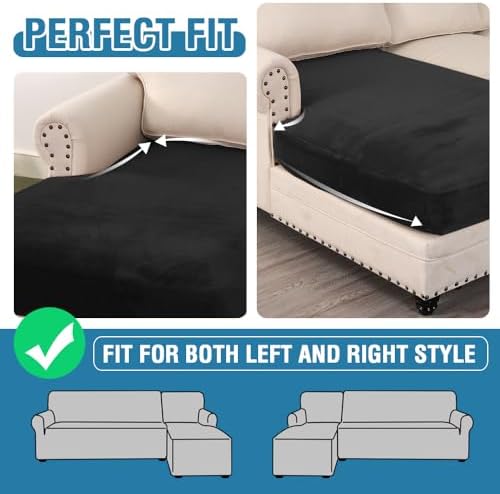 H.VERSAILTEX Velvet Stretch Individual Chaise Cover Sectional Couch Covers for L Shaped Sofa Both Left/Right Furniture Protector Seat Cushion Sofa Cover (1 Piece Chaise Cover, Black) - Image 6