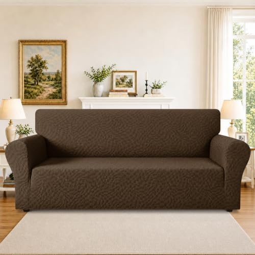 ZNSAYOTX 1 Piece Stretch Sofa Covers for 3 Cushion Couch (72"-90"), New Plaid Couch Cover with Non-Slip Buckle for Dog Pets, Ultimate Soft Cozy Washable Sofa Slipcover Form Fit Protector, Coffee - Image 2