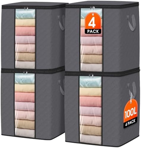 SpaceWhisper 4 Pack 100L Clothes Storage, Foldable Storage Bags, Grey by Unknown