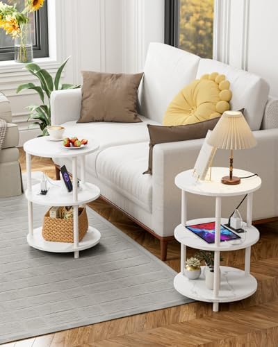 XBurmo Small Round End Table - 3 Tier Design Accent Table, Narrow Side or Bedside Stand, Industrial Vintage Table for Small Spaces, Built-in USB Ports and Power Outlet, Marble White - Image 6