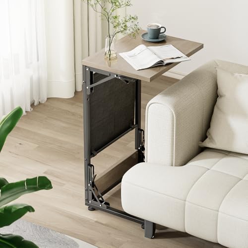 Folding TV Tray Table, 28.8" Tall C-Shaped Side Table for Couch and Bed, Slide Under Sofa Side Desk with Storage Bag - Sturdy Metal Frame Tray for Living Room, Bedroom, Home & Office (Oak Gray) - Image 6