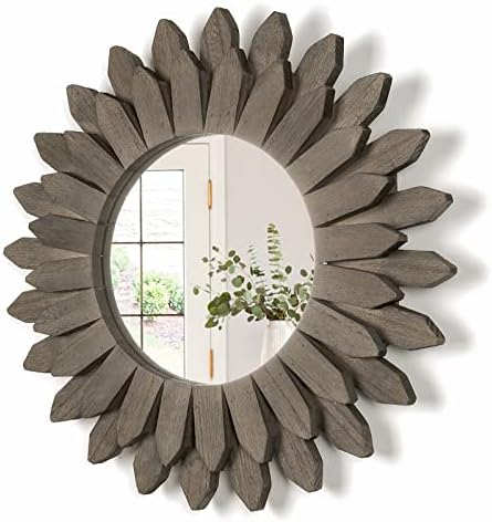 Honiway Farmhouse Wall Decor Mirror 12 inch Sunburst Boho Wood Mirror Rustic Home Decor Room Decoration for Bedroom Living Room Weathered Grey by Honiway