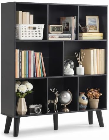 YAHARBO 8 Cube Bookshelf,3 Tier Bookcase with Legs,Black Mid-Century Modern Bookshelves,Large Free Standing Open Storage Organizer Shelf,Tall Wooden Book Case Furniture for Bedroom,Living Room,Office by YAHARBO
