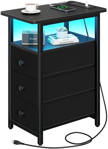 Yoobure End Table with Charging Station, LED Narrow Side Table Bedside Table, Small Night Stand End Tables Living Room, Skinny Nightstand with 3 Fabric Drawers, Side Tables Bedroom for Small Spaces by Yoobure